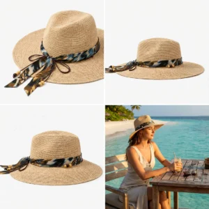 Handwoven Beach Straw Hat 70 made with natural raffia and woven straw for summer resort collections