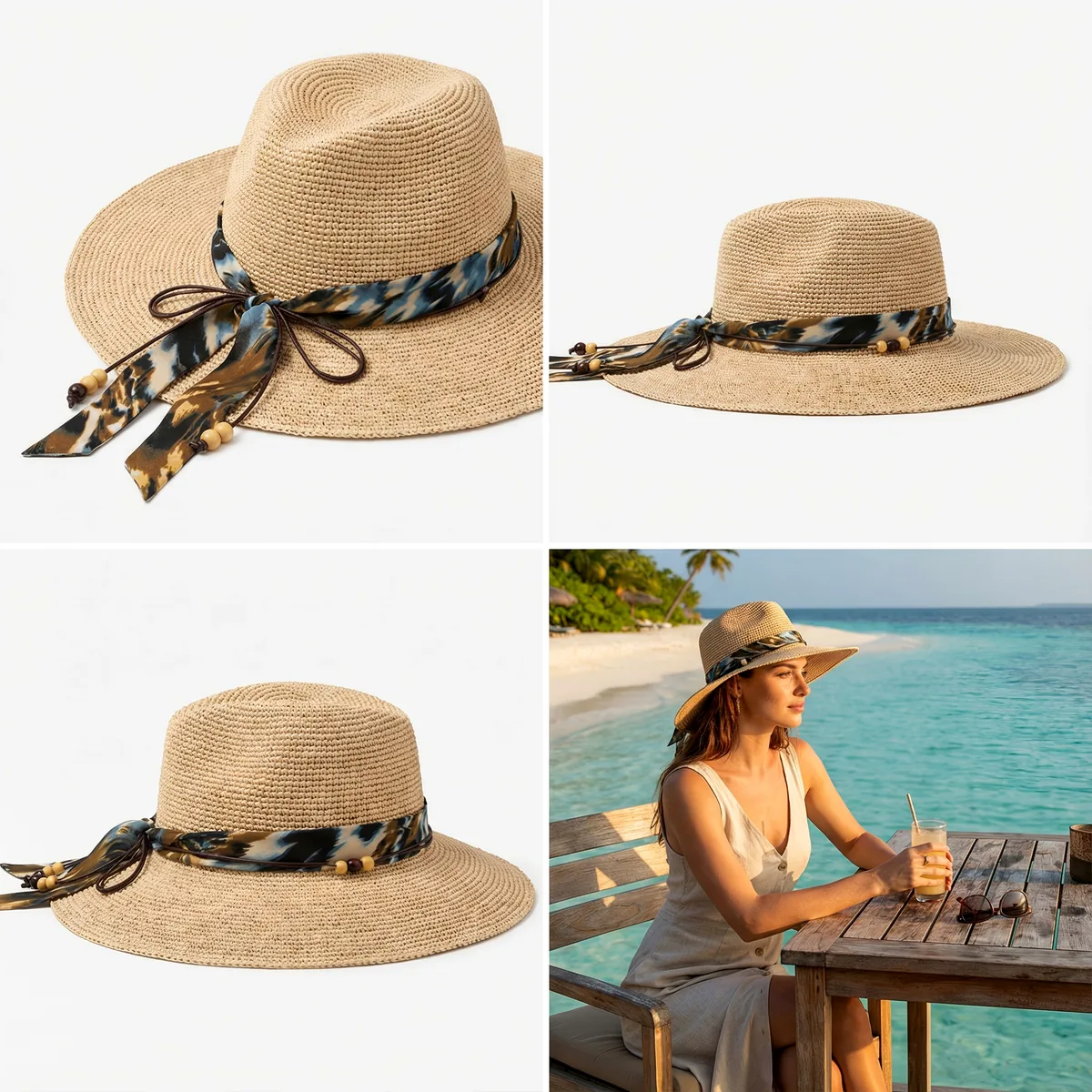 Handwoven Beach Straw Hat 70 Handwoven Beach Straw Hat 70 made with natural raffia and woven straw for summer resort collections