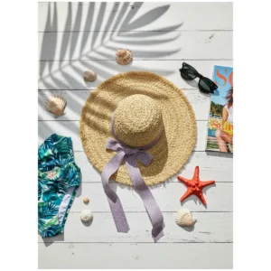Ribbon Trim Raffia Hat 91 made with natural raffia and woven straw for summer resort collections